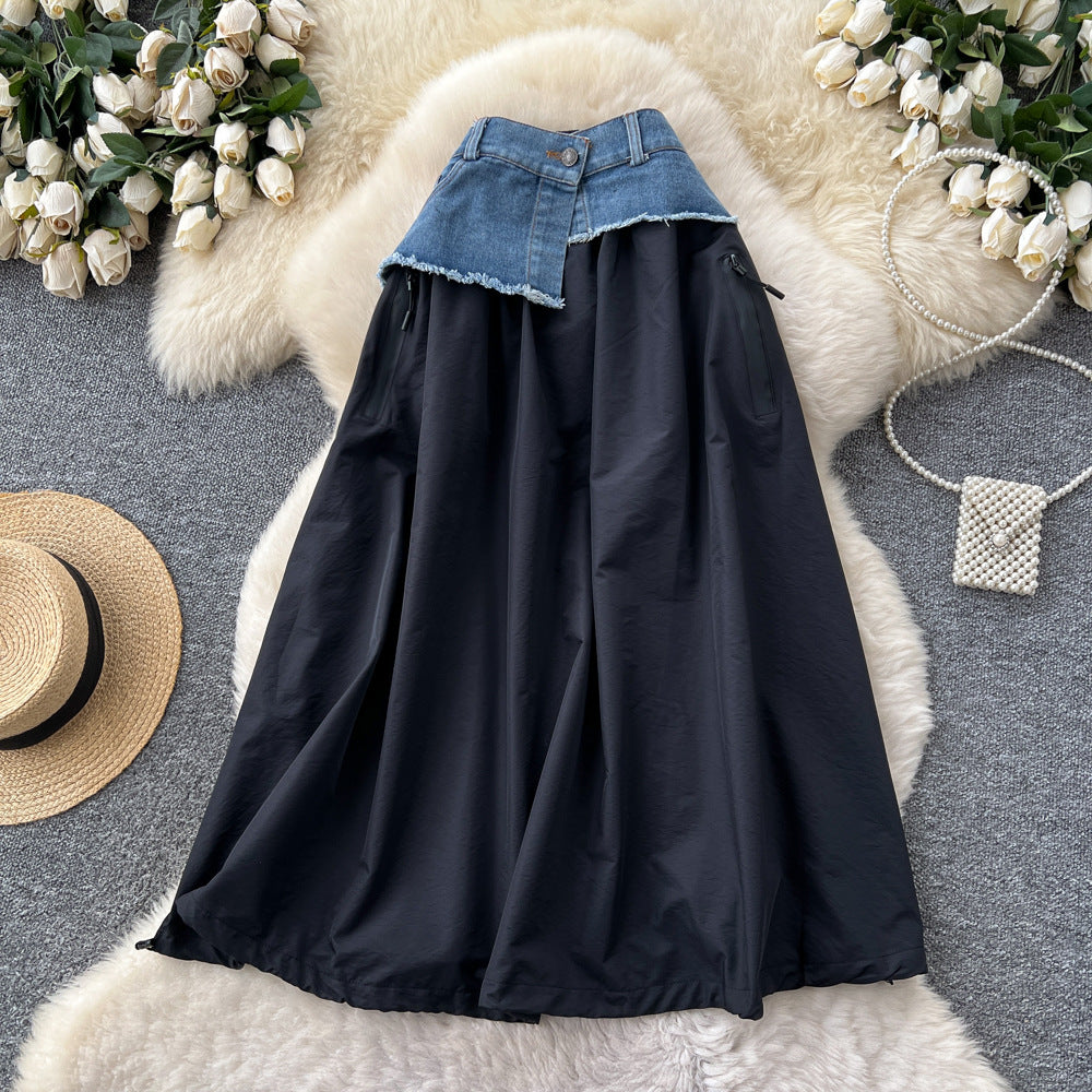 Literaryeasiest for match denim patchwork skirt for women autum lazy style casualeasiest for matchhigh waist large swing mid-length skirt