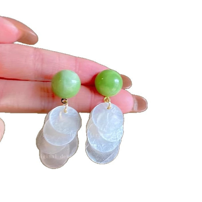 Avocado green shell earrings - women's dopamine drop earrings, 2026 new collection, high-end resort style beach earrings
