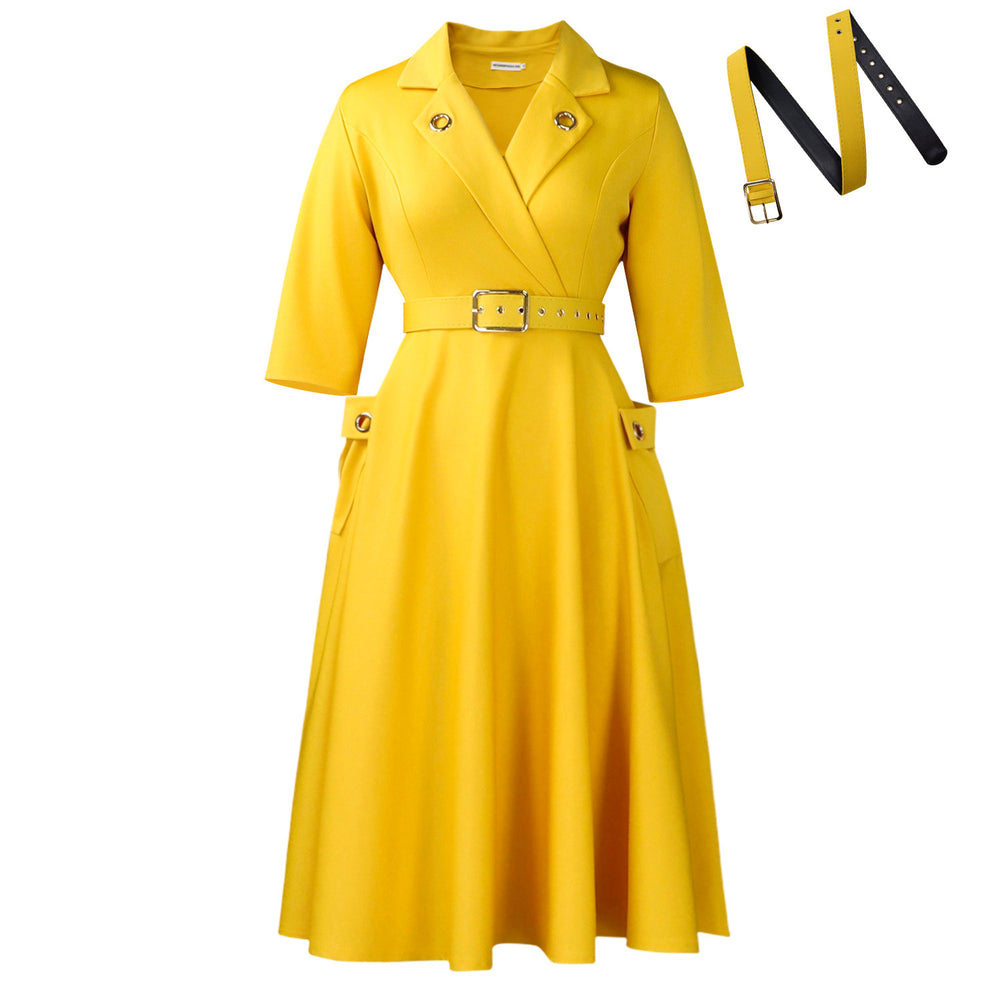 C8647 winter european and american sexy elegant turn-down collar waist-cinching suit dress, chic and stylish solid color plus size dress