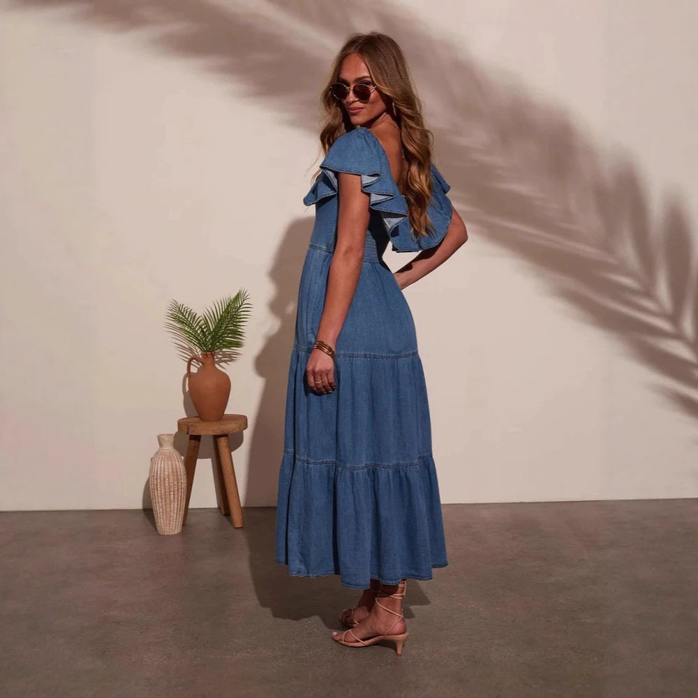 Amazon cross-border e-commerce summer hot girl retro sexy v-neck denim backless cinched waist slimming maxi dress