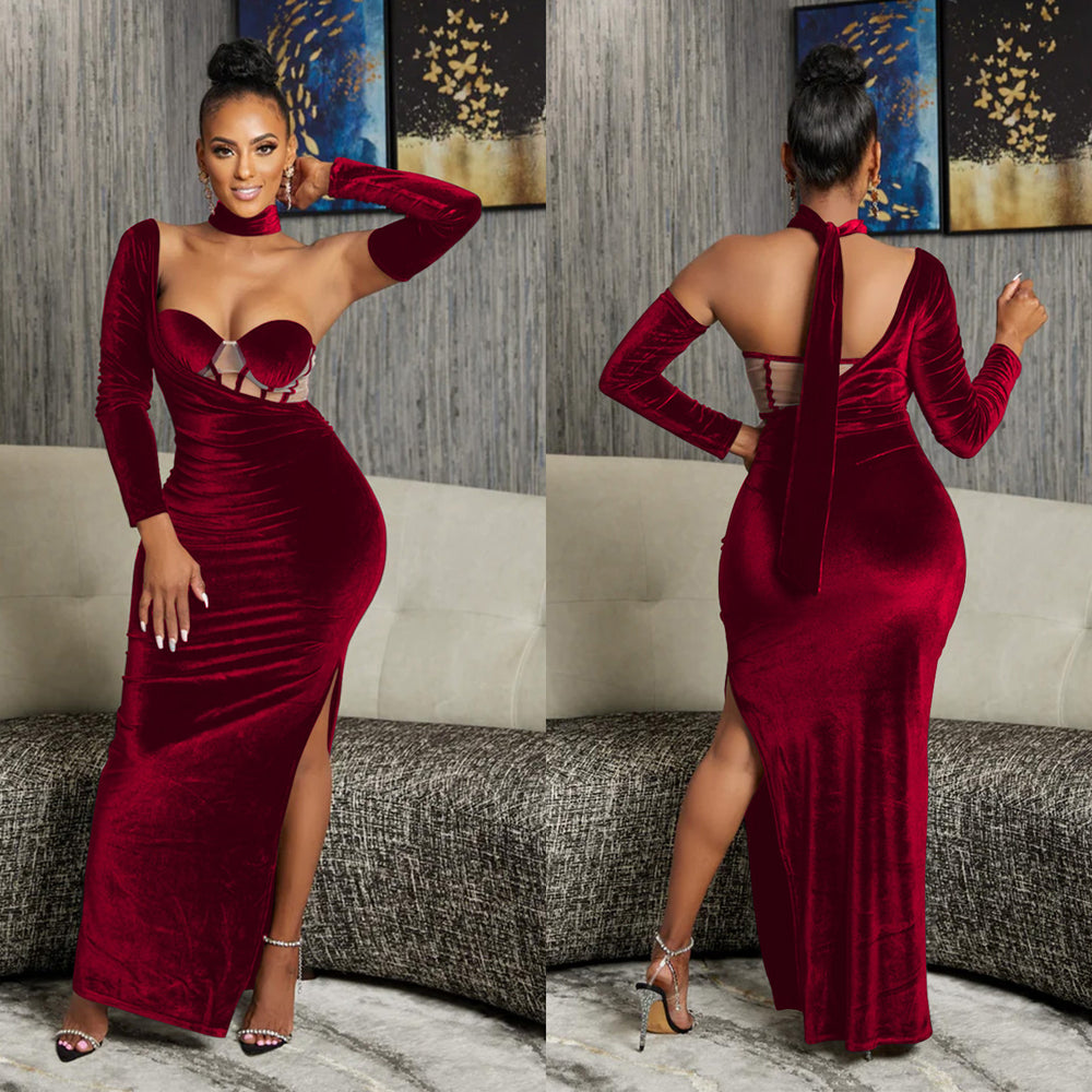 X6652 cross-border   fashion women's solid color bandeau gloves dress long gown dress