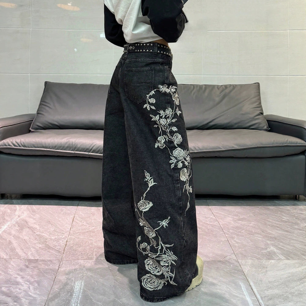 European and american style women's black and grey distressed rose embroidered wide leg jeans - vintage high street loose fit denim trousers