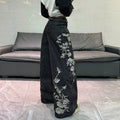 European and american style women's black and grey distressed rose embroidered wide leg jeans - vintage high street loose fit denim trousers