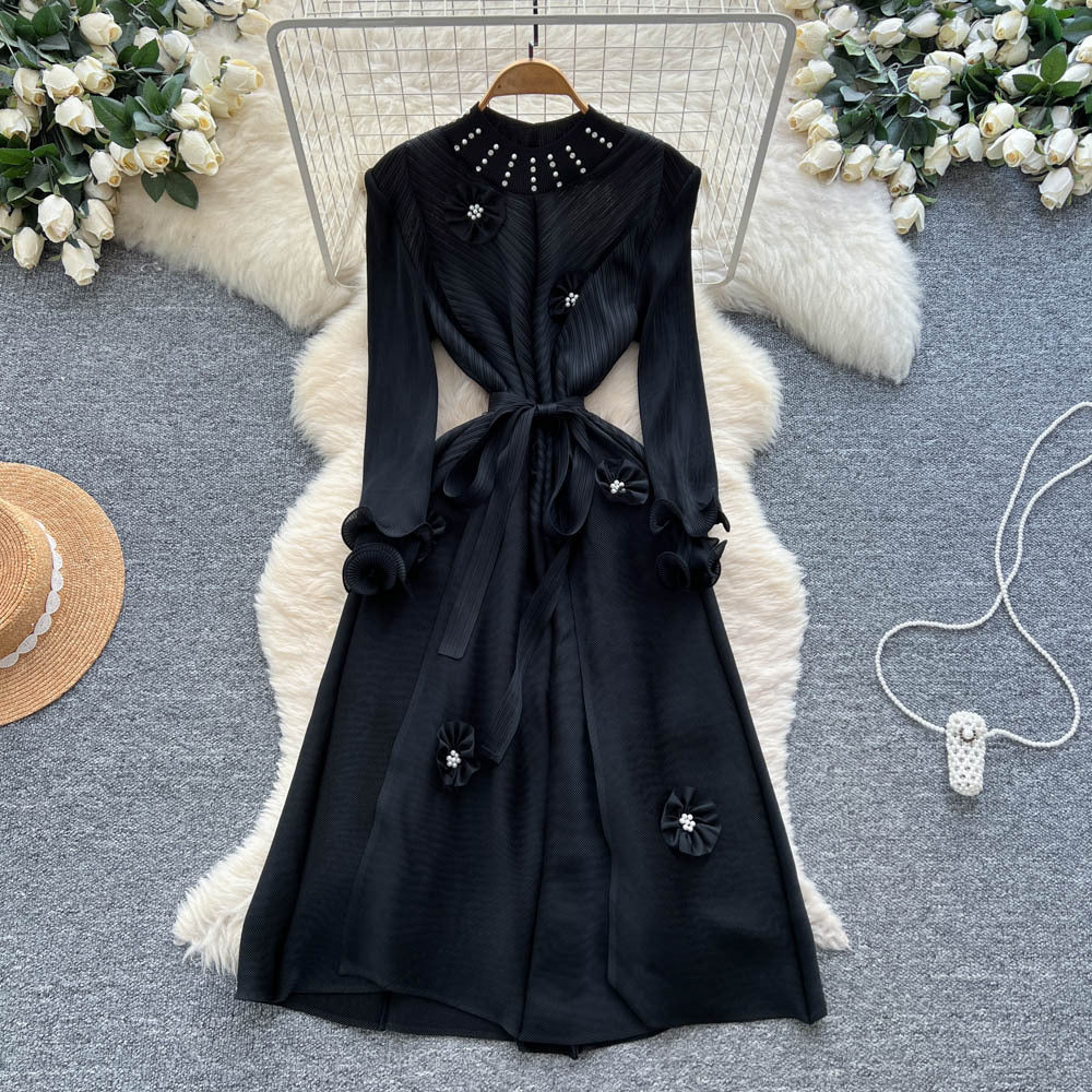Miya pleated european and american dress for women,  autumn fashion, beaded floral detail, tie-waist, elegant pleated maxi dress