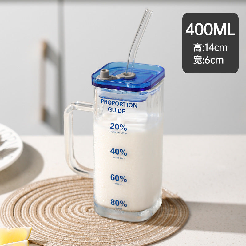 Square glass light luxury with bamboo cover juice cold drink cup household straw cup high value fruit teacup activity gift