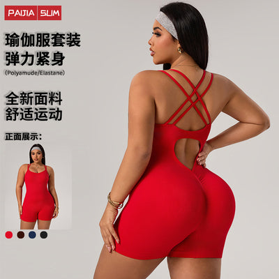 European and american style plus size yoga bodysuit - summer stretch tummy control peach lift one-piece workout jumpsuit - new women's collection