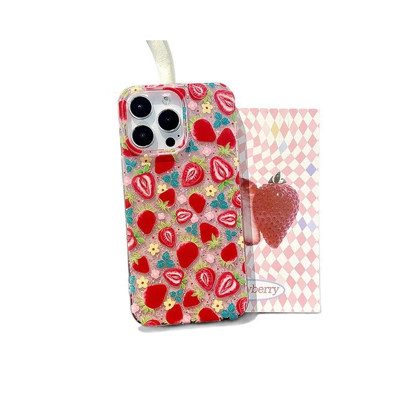 Full screen strawberry glue glitter suitable for iphone17 anti-fall mobile phone case apple 16promax anti-fall protective cover