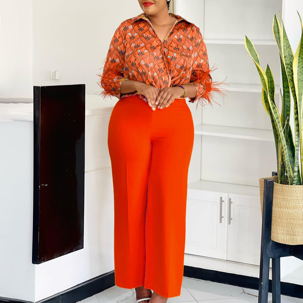D3342 cross-border supply of european and american clothing  wholesale printed shirt wide-leg pants two-piece set african suit