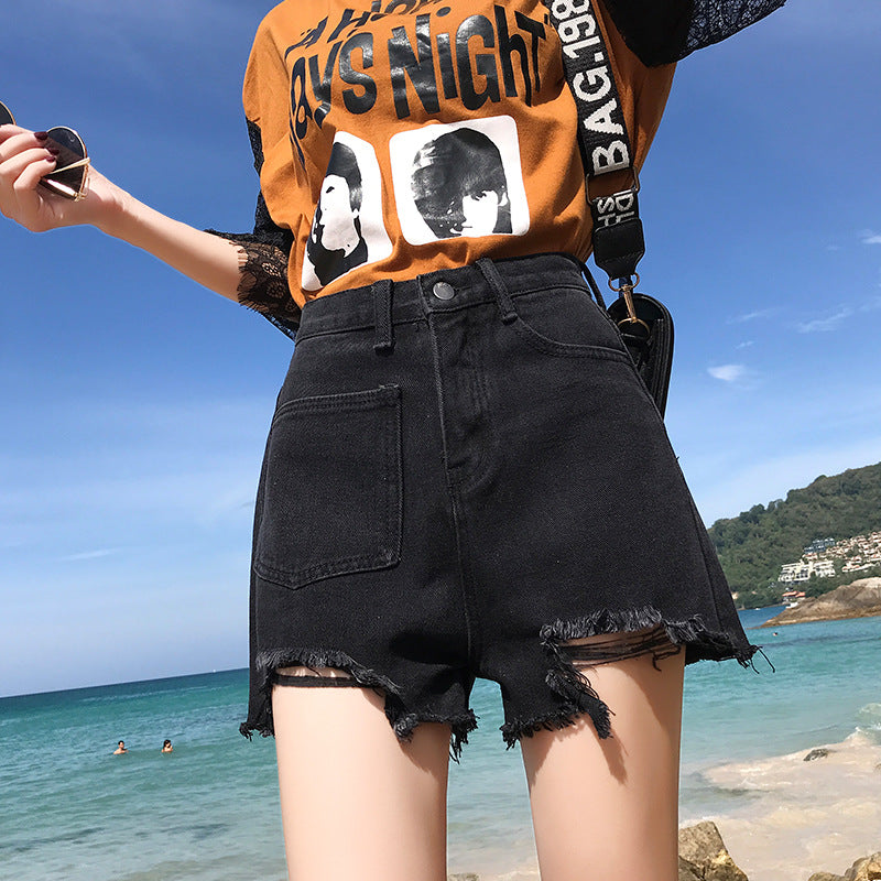 Ready-to-ship, hot-selling ripped denim shorts for women. new summer styles, trendy high-waisted, frayed-edge, wide-leg denim shorts, straight from the ins