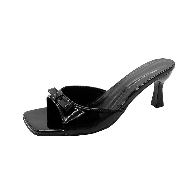 French high-heeled slippers for women, 2024 new summer collection, square toe stiletto thong sandals with bow detail, versatile and chic