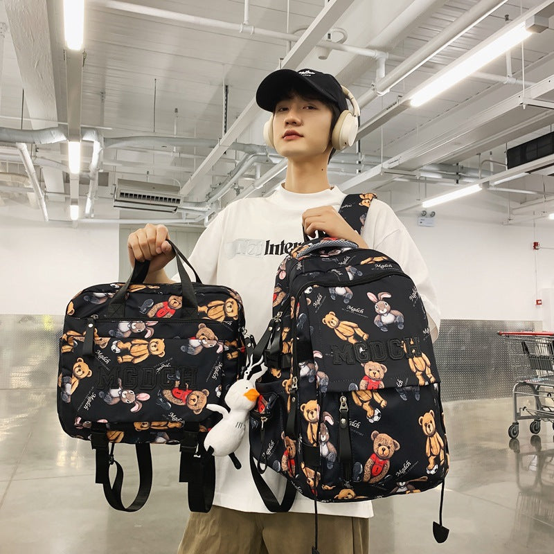New schoolbag for female junior high school students, simple printed bear, large-capacity backpack, trendy college student couple computer bag