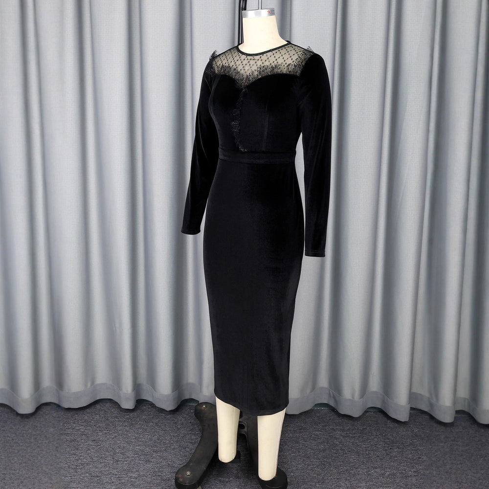 French round neck see-through velvet dress - sexy mesh panel long sleeve bodycon mini dress for evening events