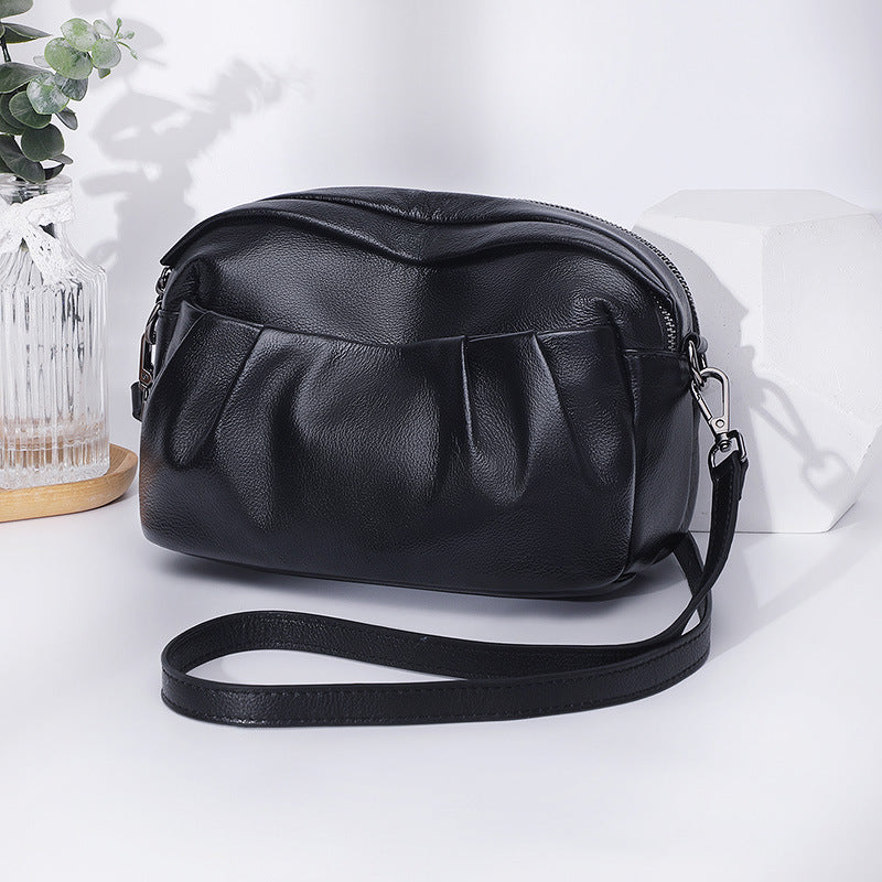 Casual leather women's bag 2025 new fashion foreign style pleated design shoulder bag women's cowhide mother messenger bag