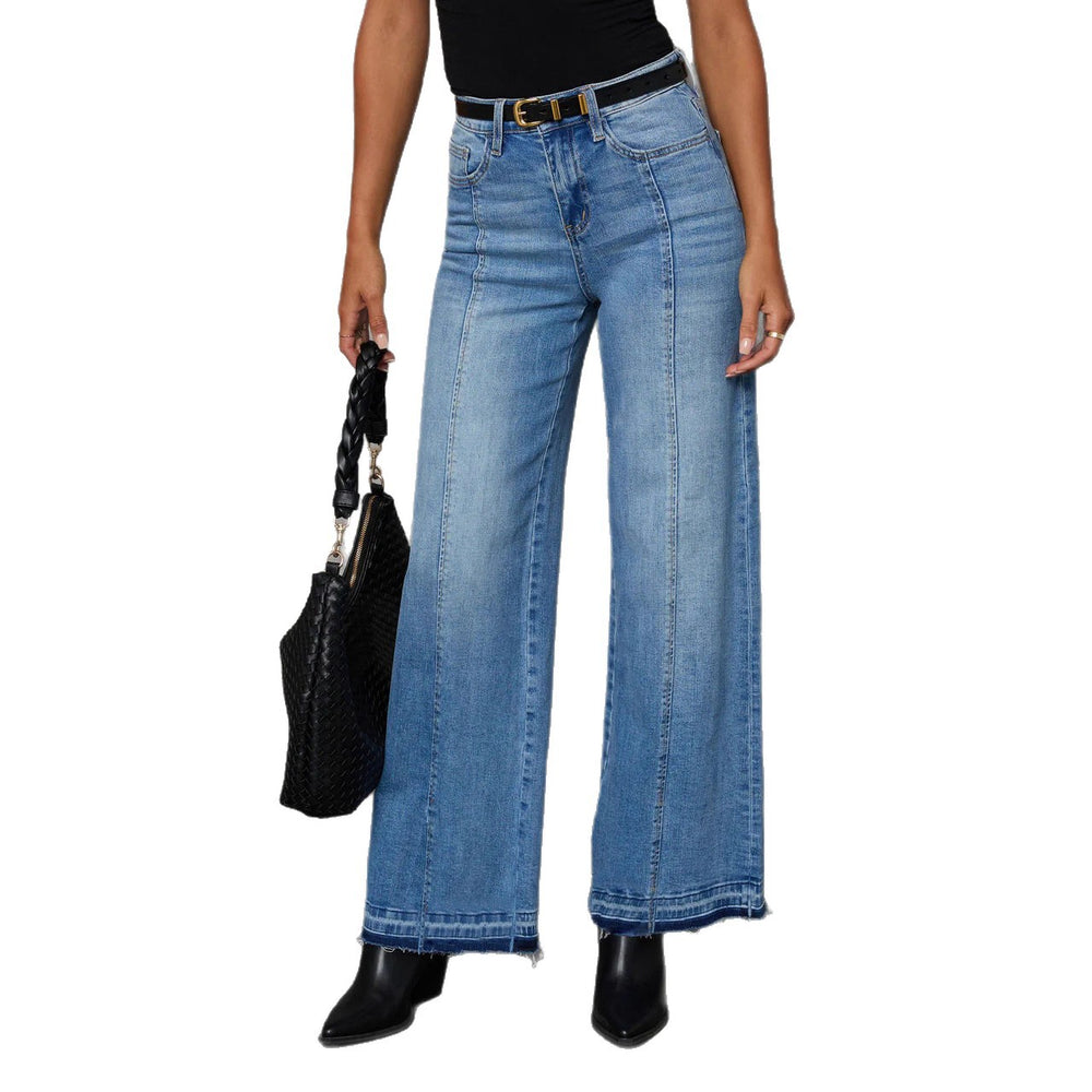 European and american women's jeans  new arrival hot selling patchwork elegant commute wide leg jeans washed stretch fashion jeans