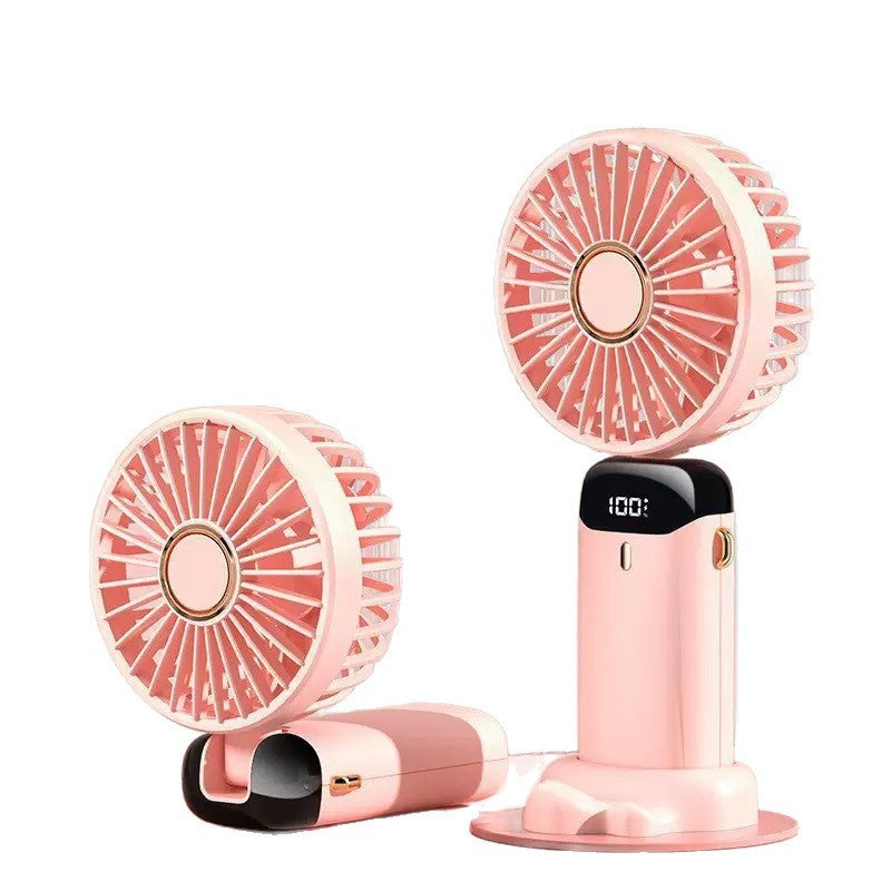 Customizable logo fan - portable handheld mini fan with 5-speed settings, silent operation, foldable design, digital display, rechargeable, and perfect for dorm use