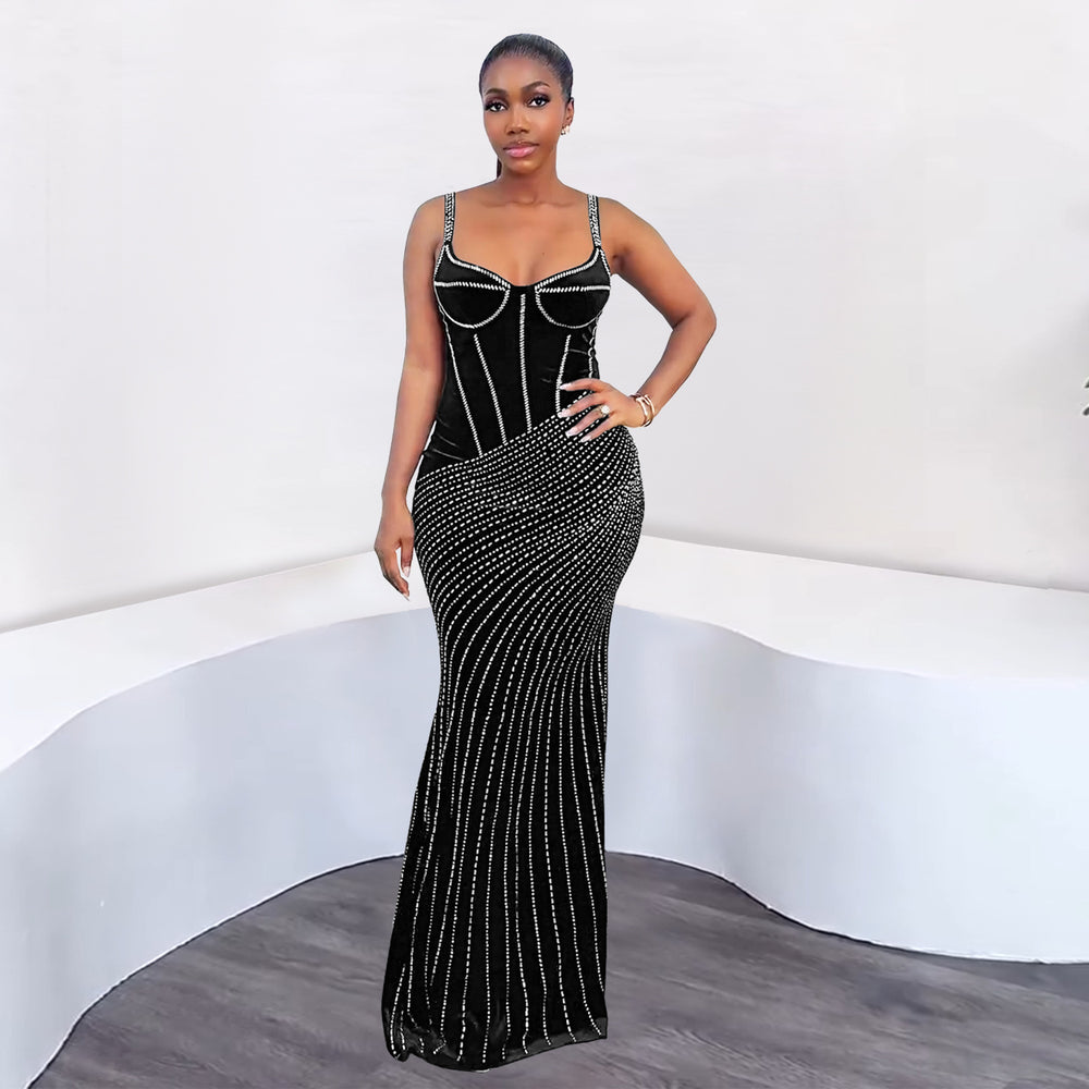 C7399 cross-border   fashion women's sexy slim-fit rhinestone embellished cami dress