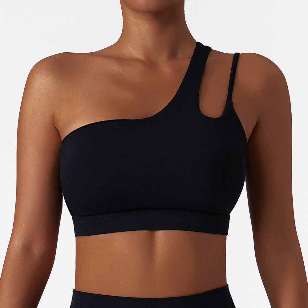 Asymmetrical shoulder shockproof yoga bra cloud feel backless sports bra irregular strap running fitness vest 6425