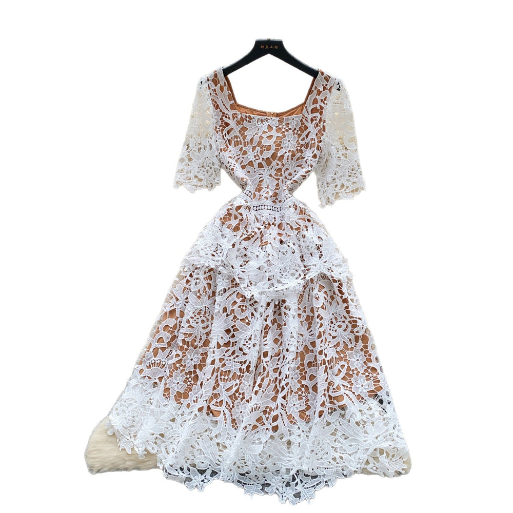 summer french high-end women's formal dress - luxury intricate crochet lace short-sleeve fitted midi dress