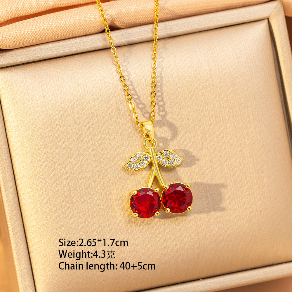 【titanium steel】copper inlaid zircon light luxury new style ruby necklace women's high-end fashion versatile elegant sweater chain jewelry