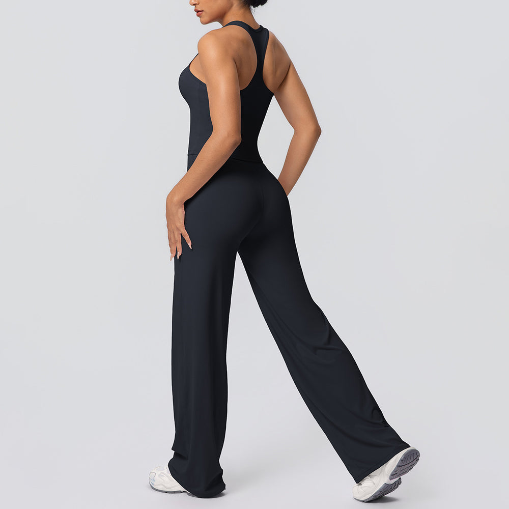 fashion brushed pure color tight i-shaped back sports suit running fitness yoga wear wide-leg two-piece set