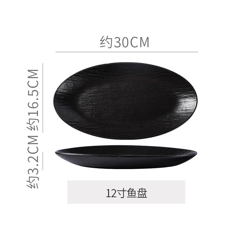 Vintage rock texture ceramic dinnerware set - soup plates, fish plates, steak plates, and vegetable plates - matte finish, high-end black and white dinnerware set