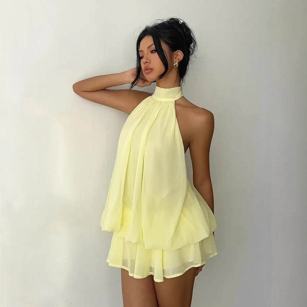European and american cross-border  new collection: slim-fit, sexy, backless, halter neck, cinched waist top with flared mini skirt dress for women