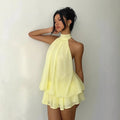 European and american cross-border  new collection: slim-fit, sexy, backless, halter neck, cinched waist top with flared mini skirt dress for women