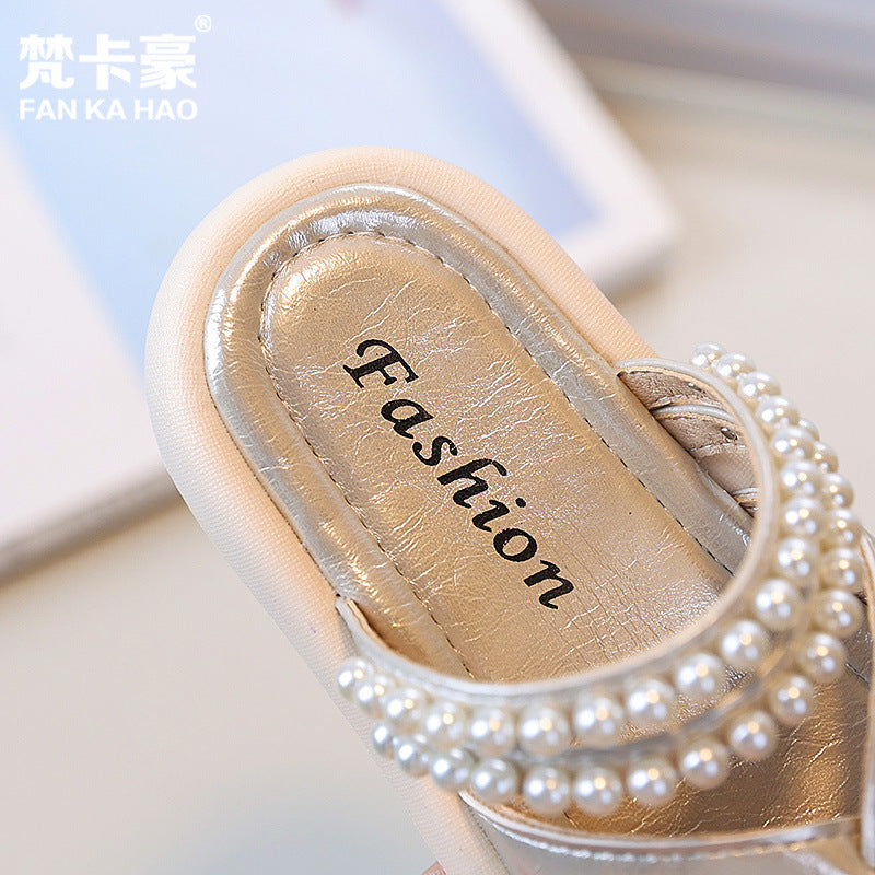 Vancahao  summer new korean style girls' fashion pearl sandals - outdoor flat closed-toe beach slippers