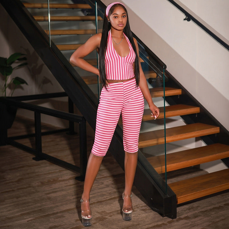 European and american style ins foreign trade personalized printed women's skinny pants set v-neck halter sleeveless hot girl two-piece outfit