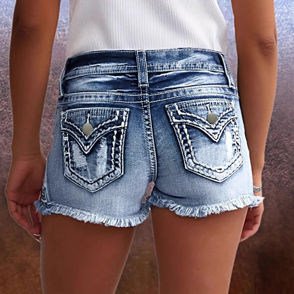 2402-1 #new jeans ripped shorts high waist beard foot edge embroidered high stretch denim shorts