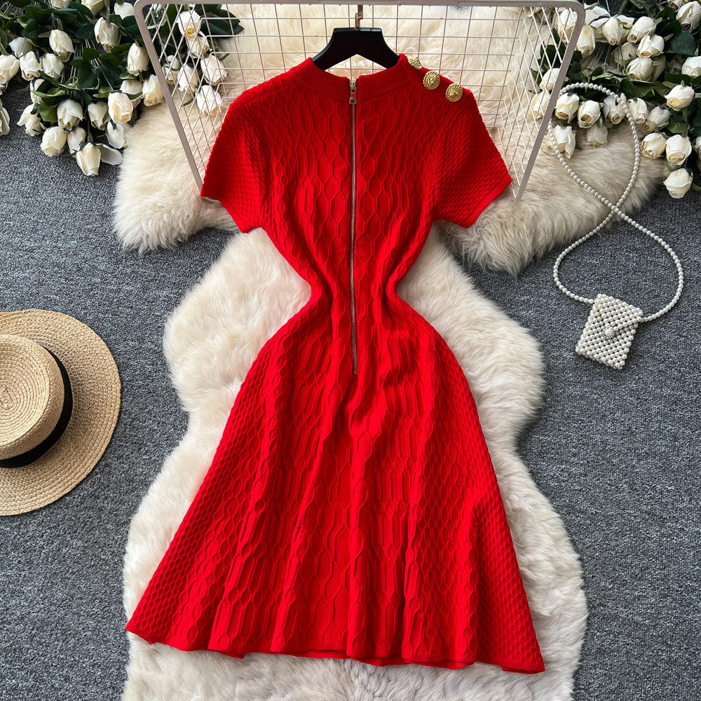 Korean style red knitted high-end dress - women's summer short sleeve high-waisted a-line dress - commute-friendly, slimming, and exudes sophistication
