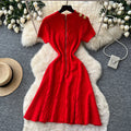 Korean style red knitted high-end dress - women's summer short sleeve high-waisted a-line dress - commute-friendly, slimming, and exudes sophistication