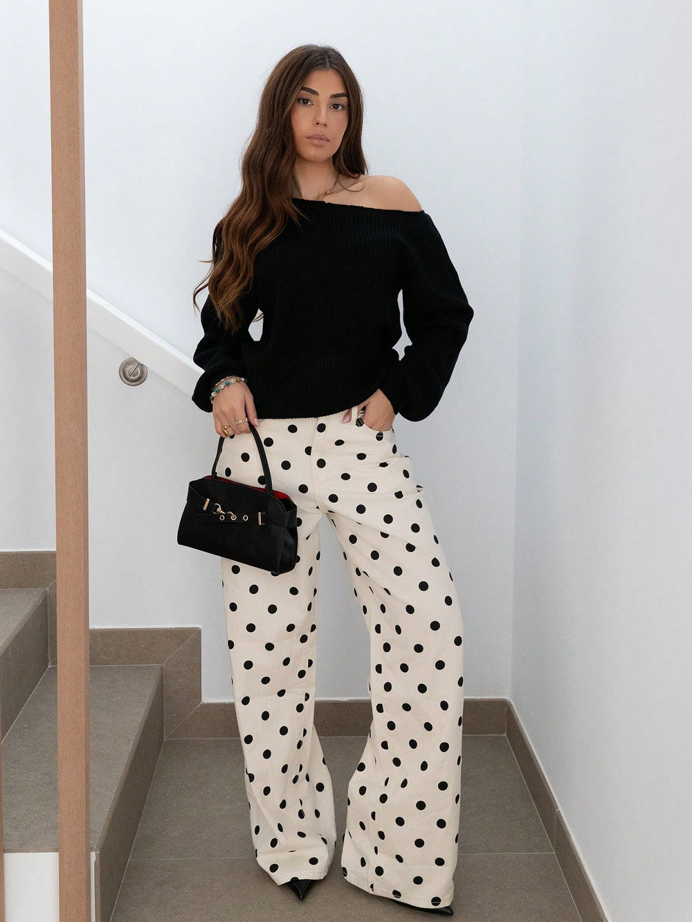 European and american retro polka dot print wide leg jeans women's high waist drapey loose floor-length american style straight leg pants