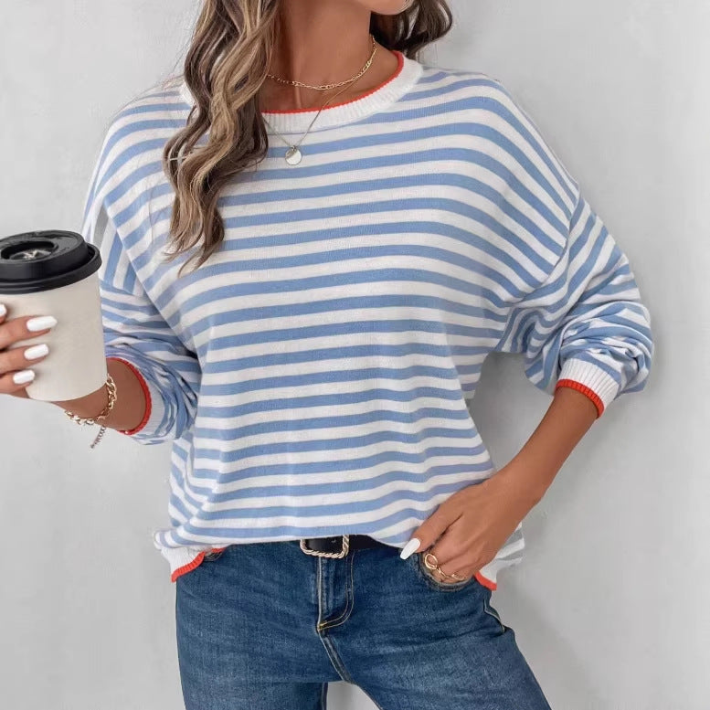 new blue striped crew neck long sleeve t-shirt - relaxed fit, slimming women's top