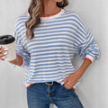 new blue striped crew neck long sleeve t-shirt - relaxed fit, slimming women's top