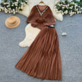 Noble socialite work clothing style red two-piece set female autum silmpleated skirt cloak waist suitelegance