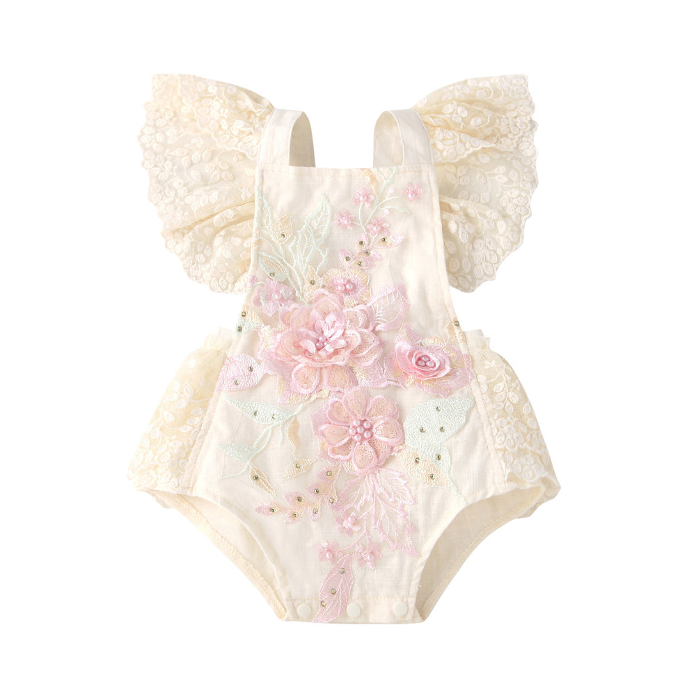 European and american style cross-border new children's clothing short climbing lace mesh flying sleeves tie back embroidered beaded pearl climbing jumpsuit