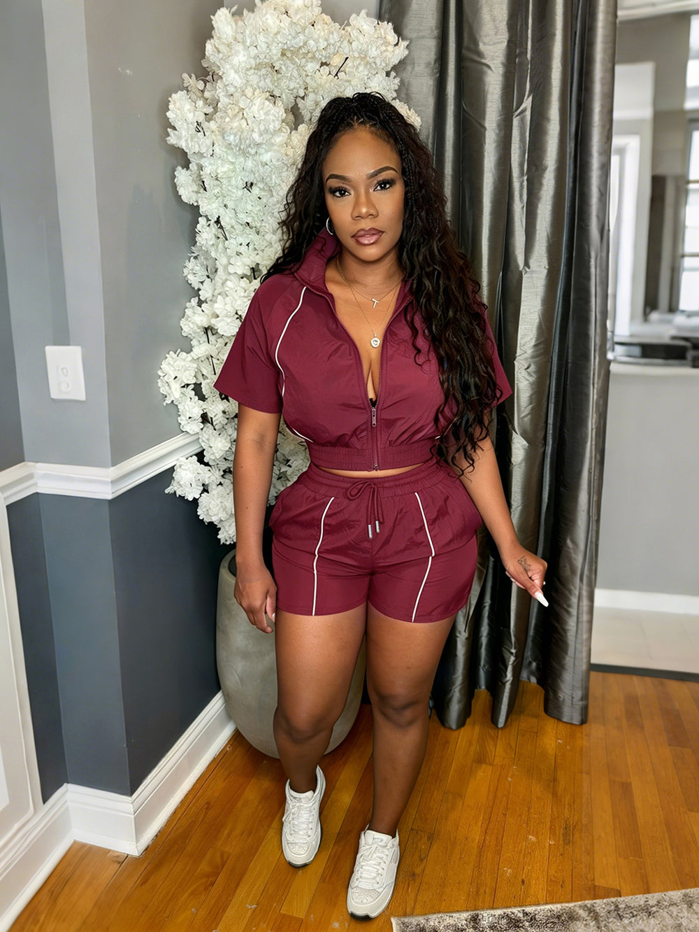 S391521 european and american fashion women's woven color block top and wide-leg elastic waist button-up sport shorts two-piece set
