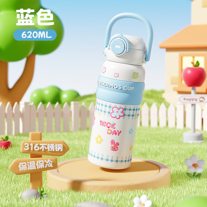 High-value double-drink tumbler: cute cartoon portable 316 stainless steel kids' water bottle with two spouts