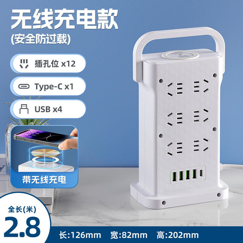 Wireless charging power strip, smart usb fast charging, multi-outlet, multi-function, thickened copper wire, power strip for home, office, and dorm