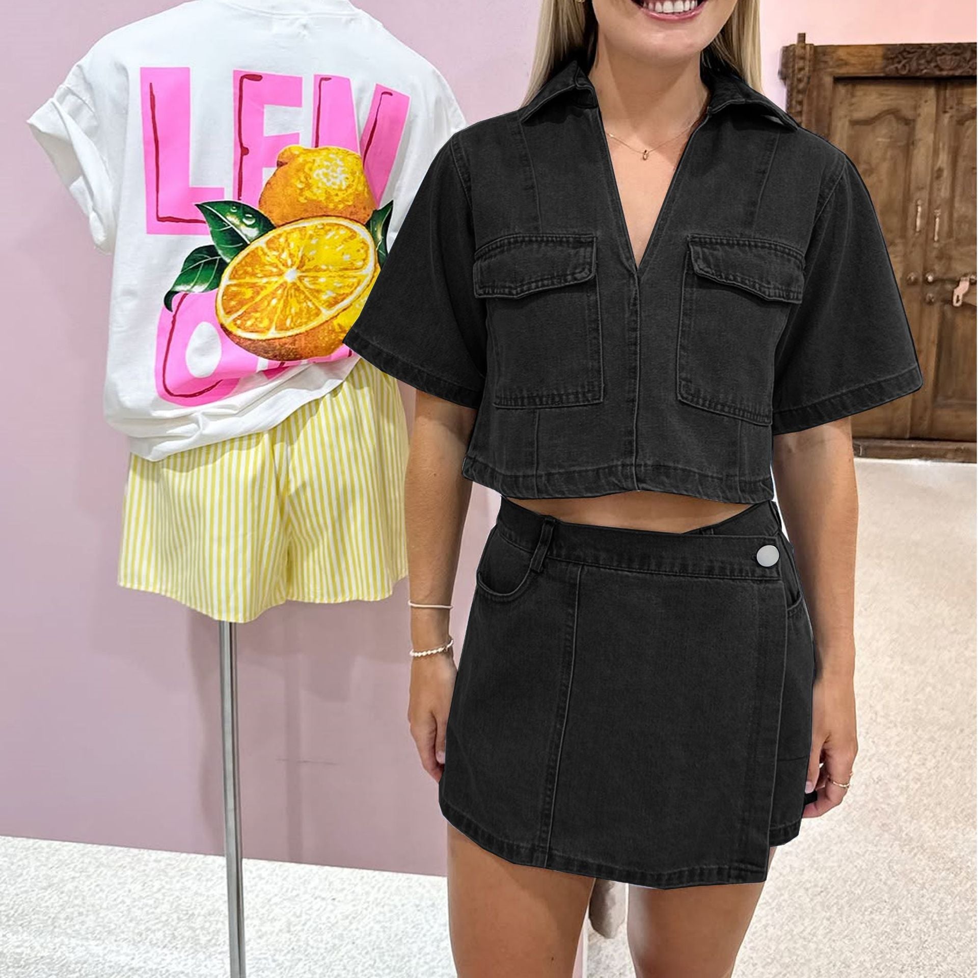 Cross-border European and American wind speed sales, popular double-placket V-neck pullover short denim shirt, high-waisted denim culottes set