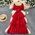 French holiday style puff sleeve square neck dress women's summer pleated waist slimming look layered ruffles cake skirt