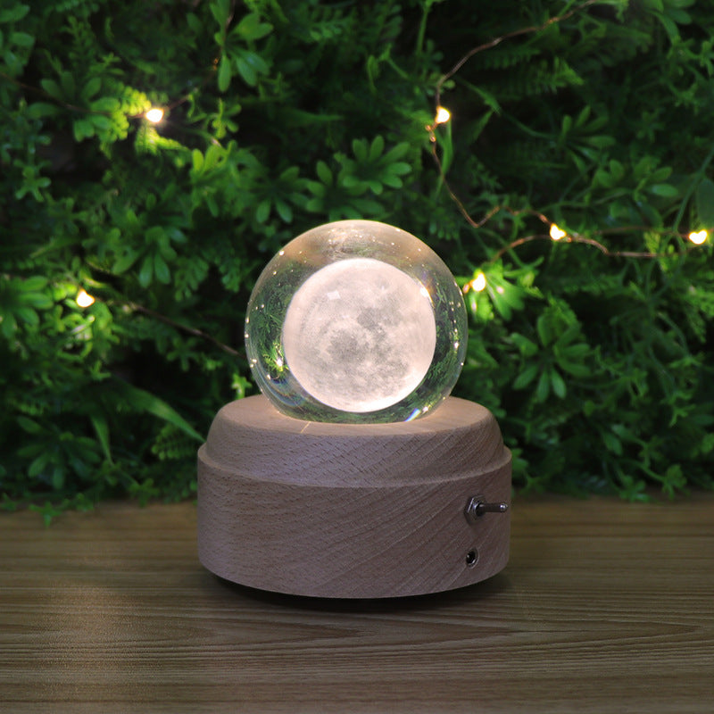 ins girl bedside lamp music box crystal ball wooden base music box charging luminous rotating music box