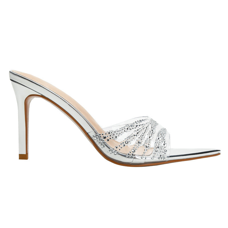 Pointed toe stiletto rhinestone silver runway-ready women's 2026 new open-toe transparent tpu sandals & slides