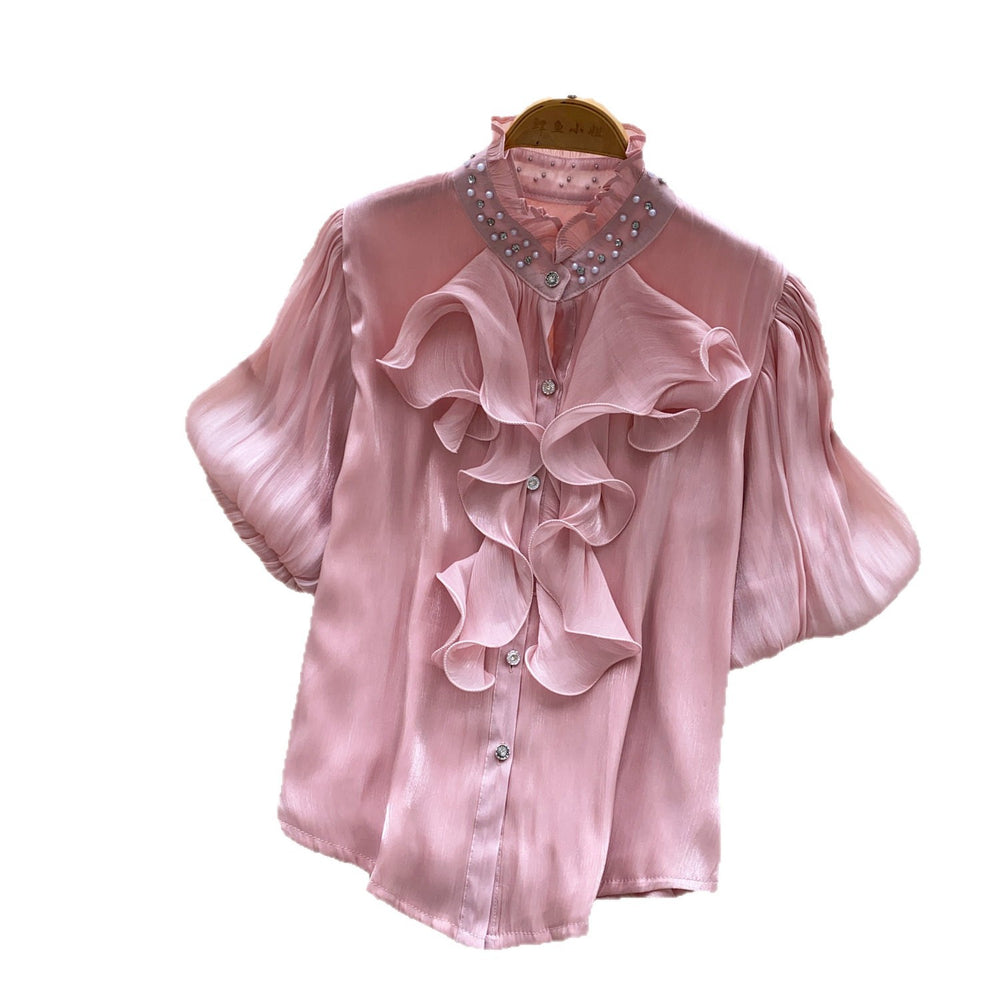 French-style diamond-embellished ruffle trim short-sleeve blouse - women's summer loose fit versatile designer top with a touch of luxury