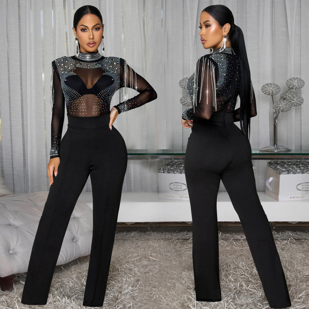 C7579 cross-border   fashion women's sexy see-through mesh rhinestone long-sleeve jumpsuit
