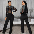 C7579 cross-border   fashion women's sexy see-through mesh rhinestone long-sleeve jumpsuit