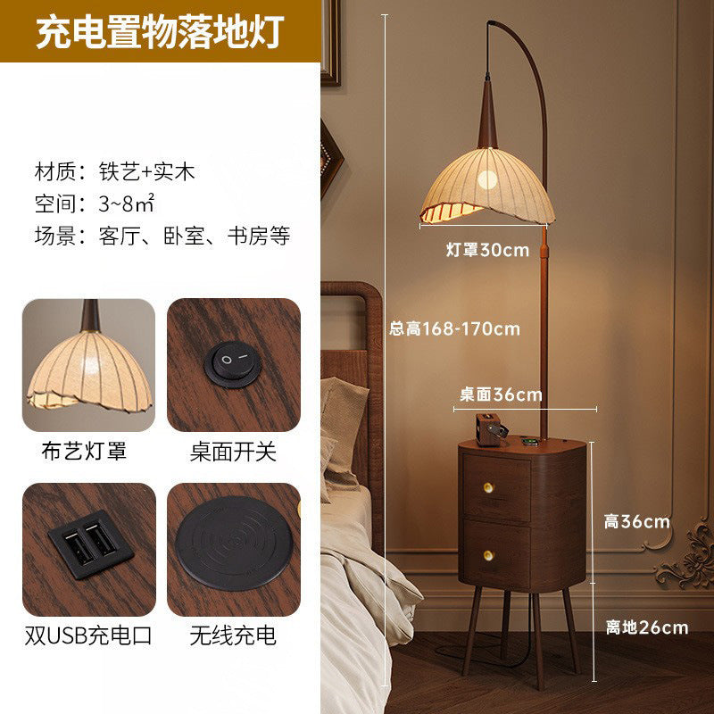 Vintage floor lamp - high-end bedroom solid wood drawer storage rack - mid-century style wireless charging bedside table lamp