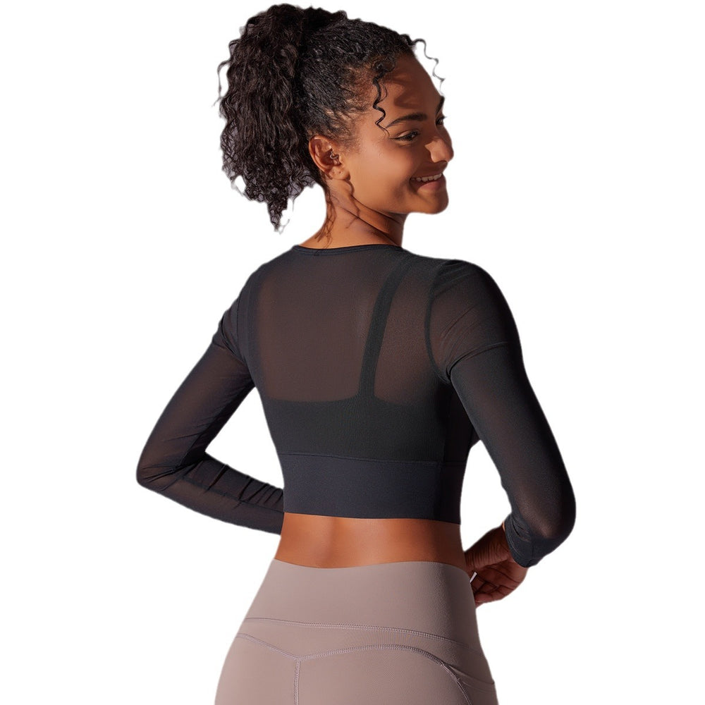 Fashionsexy beautiful back bubble wrap push up sports bra fake two-piece mesh long sleeves all-in-one cup women's yoga fitness wear