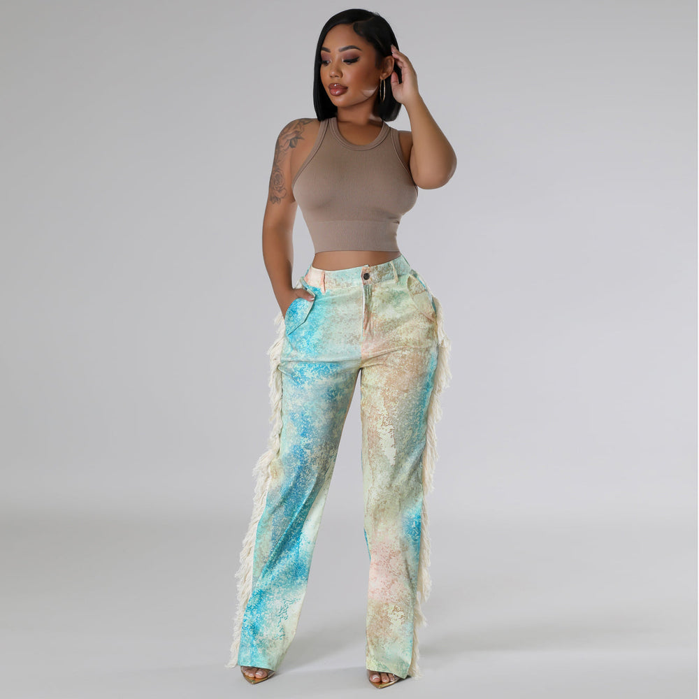 Amazon hot selling european and american women's fashion printed tassel straight-leg casual pants cross-border e-commerce women's trousers